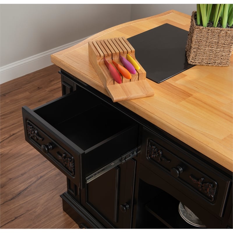 Linon Pennfield Kitchen Island Natural Top Ample Storage in Black Wood Base