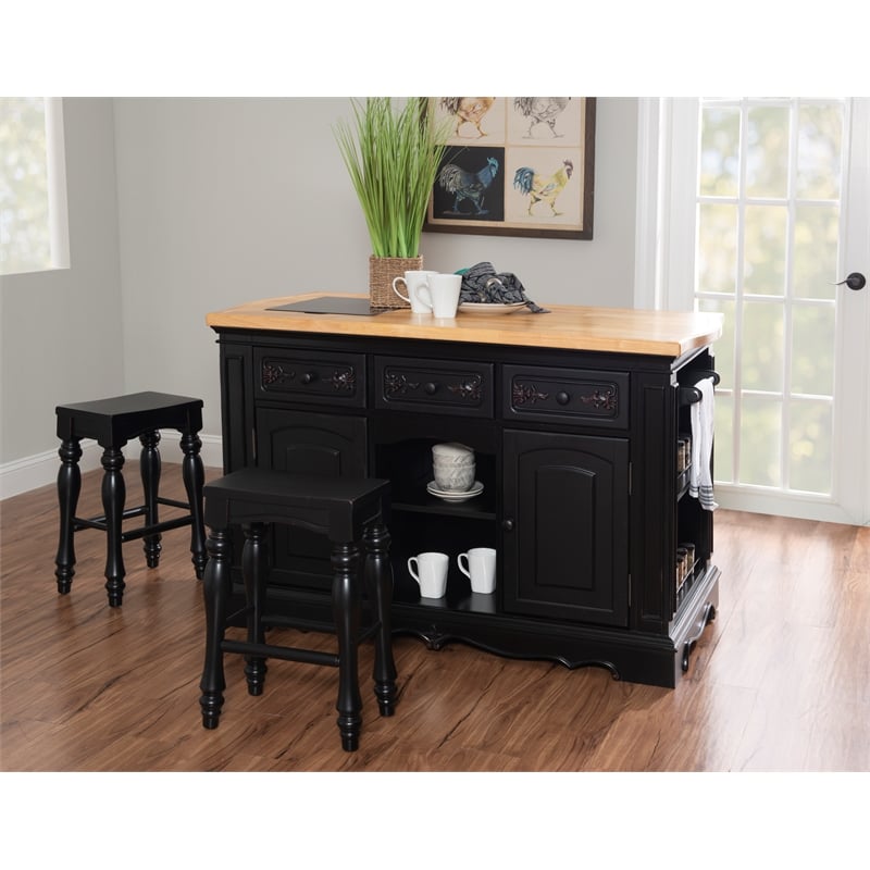 Linon Pennfield Kitchen Island Natural Top Ample Storage in Black Wood Base