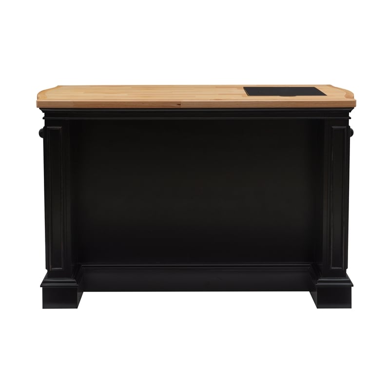 Linon Pennfield Kitchen Island Natural Top Ample Storage in Black Wood Base