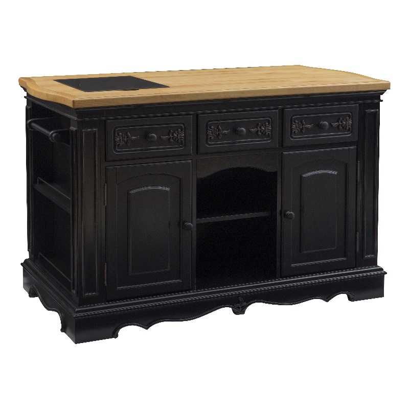 Linon Pennfield Kitchen Island Natural Top Ample Storage in Black Wood Base