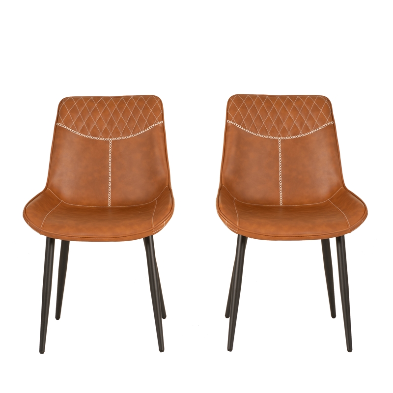 Linon Mabry Faux Leather Upholstered Set of 2 Dining Chairs Steel Legs in Brown