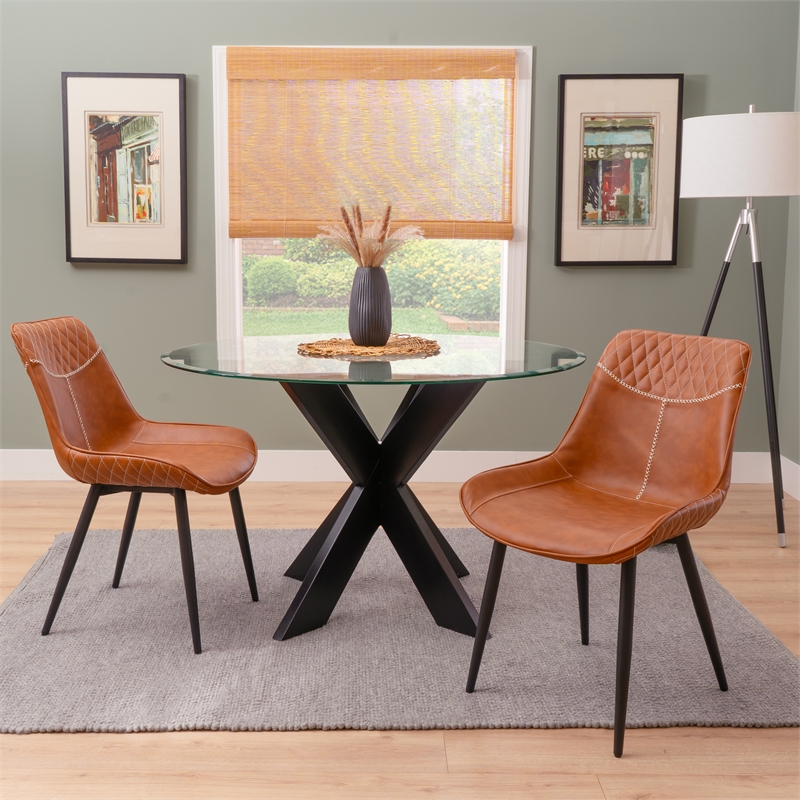 Linon Mabry Faux Leather Upholstered Set of 2 Dining Chairs Steel Legs in Brown