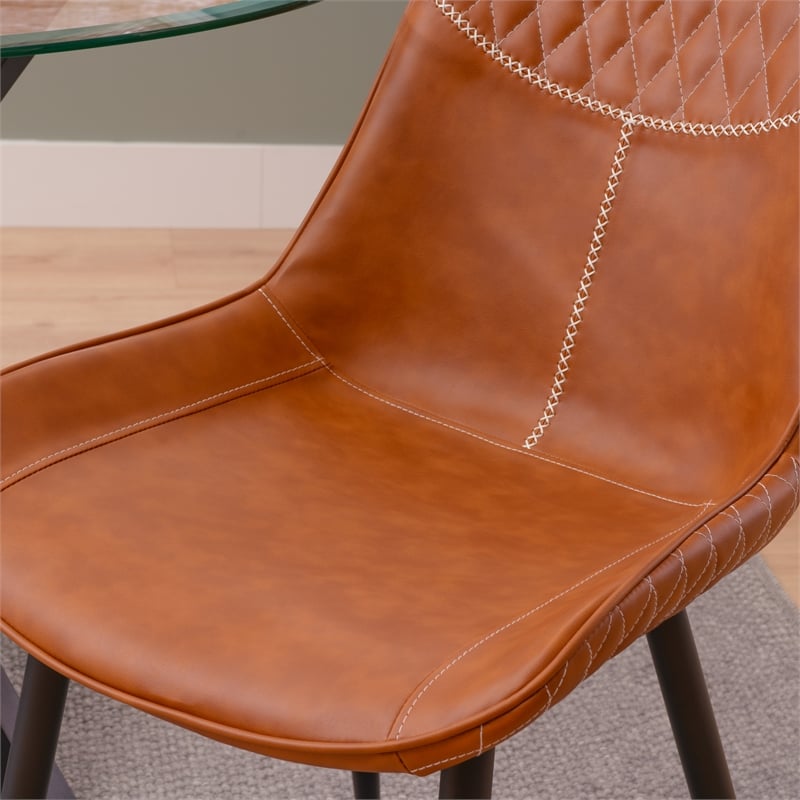 Linon Mabry Faux Leather Upholstered Set of 2 Dining Chairs Steel Legs in Brown