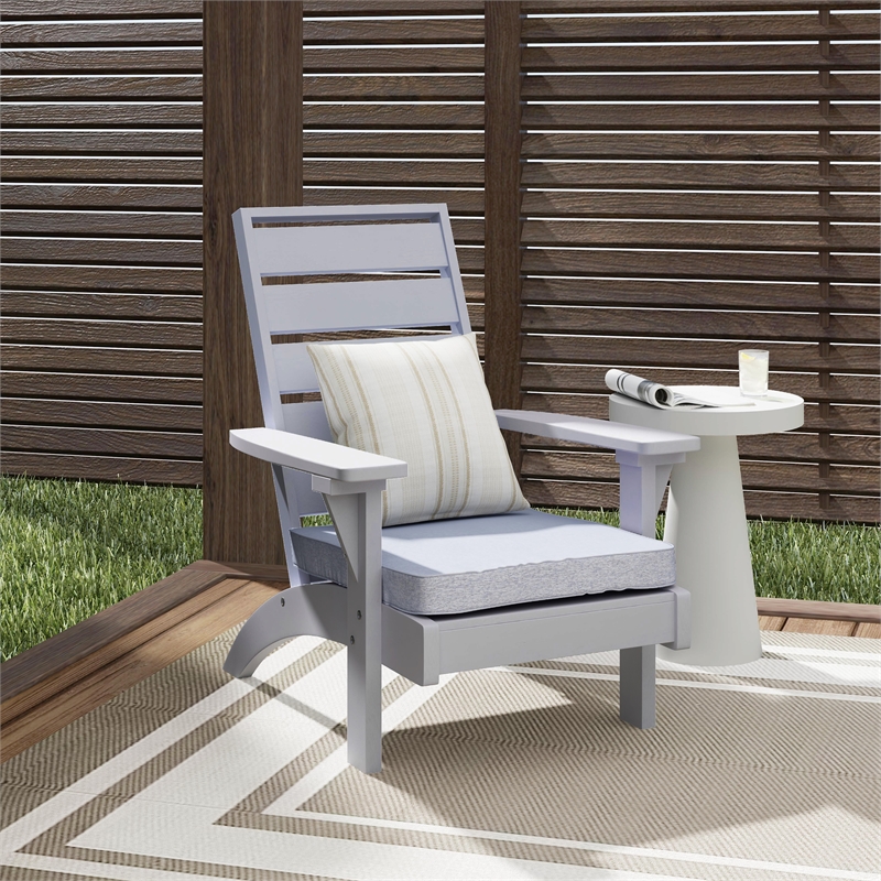 Linon Rey Sturdy Acacia Wood Outdoor Slat Back Chair With Cushion in Gray Finish
