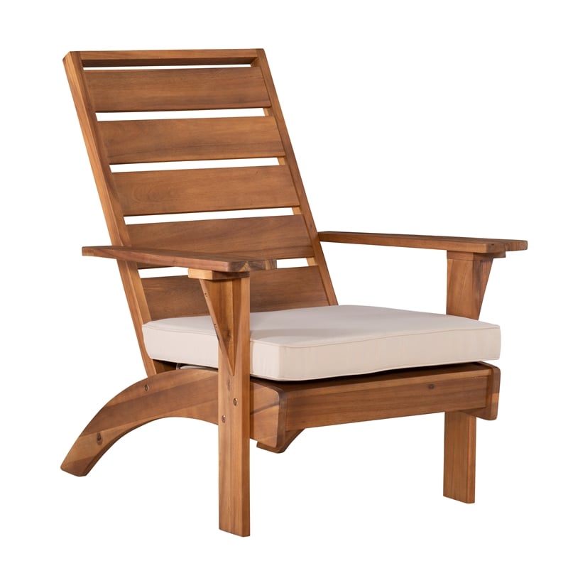 Linon Rey Acacia Wood Outdoor Slat Back Chair with Cushion in Brown Finish