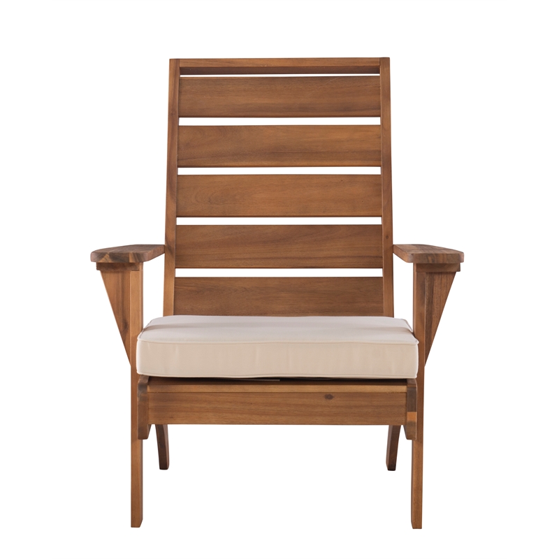 Linon Rey Acacia Wood Outdoor Slat Back Chair with Cushion in Brown Finish