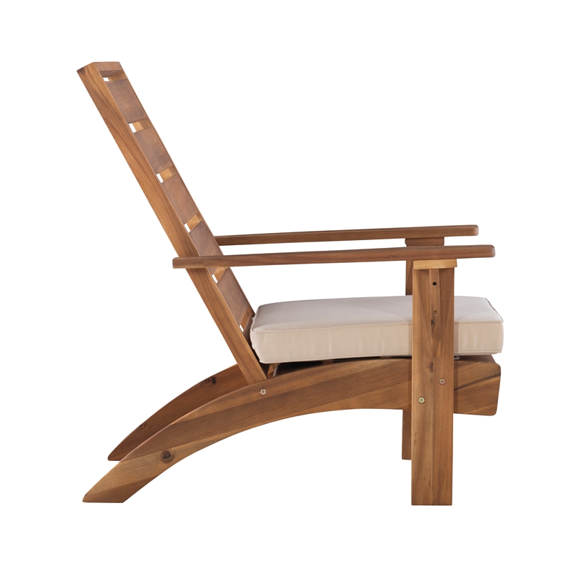 Linon Rey Acacia Wood Outdoor Slat Back Chair with Cushion in Brown Finish