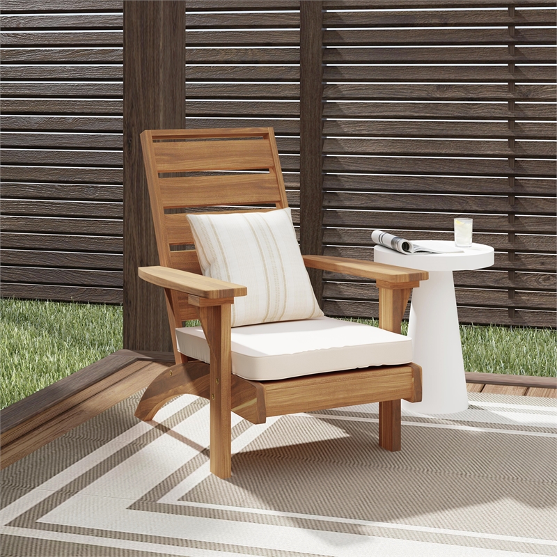 Linon Rey Acacia Wood Outdoor Slat Back Chair with Cushion in Brown Finish