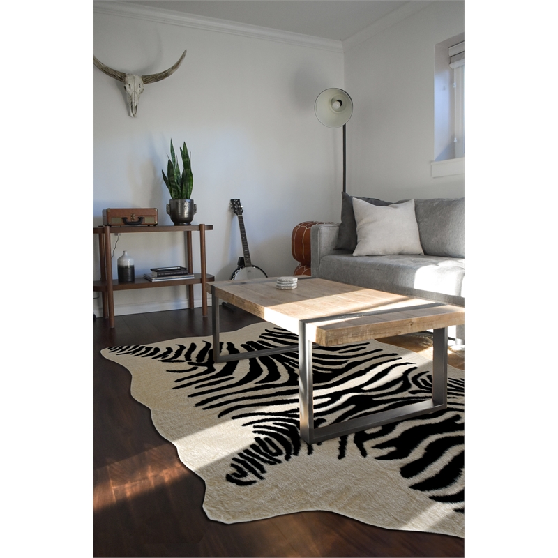 Linon Faux Hide Polyester Zebra Cowhide Area Rug in Ivory