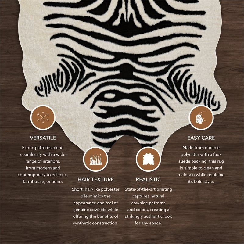 Linon Faux Hide Polyester Zebra Cowhide Area Rug in Ivory