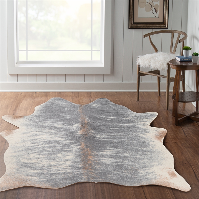 Linon Faux Hide Polyester Mix Cowhide Area Rug in Gray