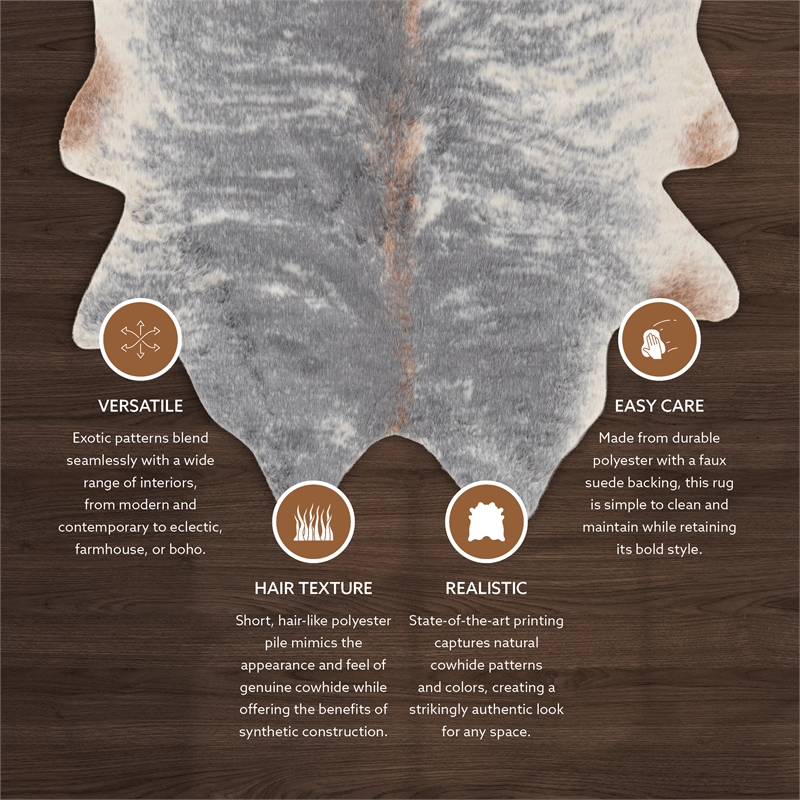 Linon Faux Hide Polyester Mix Cowhide Area Rug in Gray