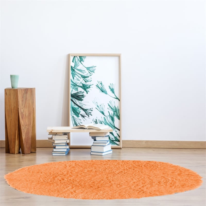 Linon New Flokati Hand Woven Wool 8'R Rug in Sherbet Orange