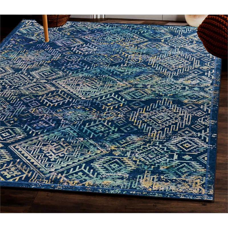 Linon Emerald Duluth Woven Microfiber Polyester 5'x7' Rug in Navy