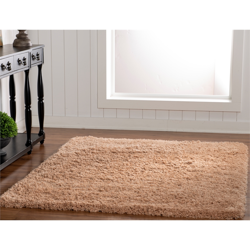 Linon Luxe Plush Shag Hand Tufted Polyester 5'x7' Rug in Sand