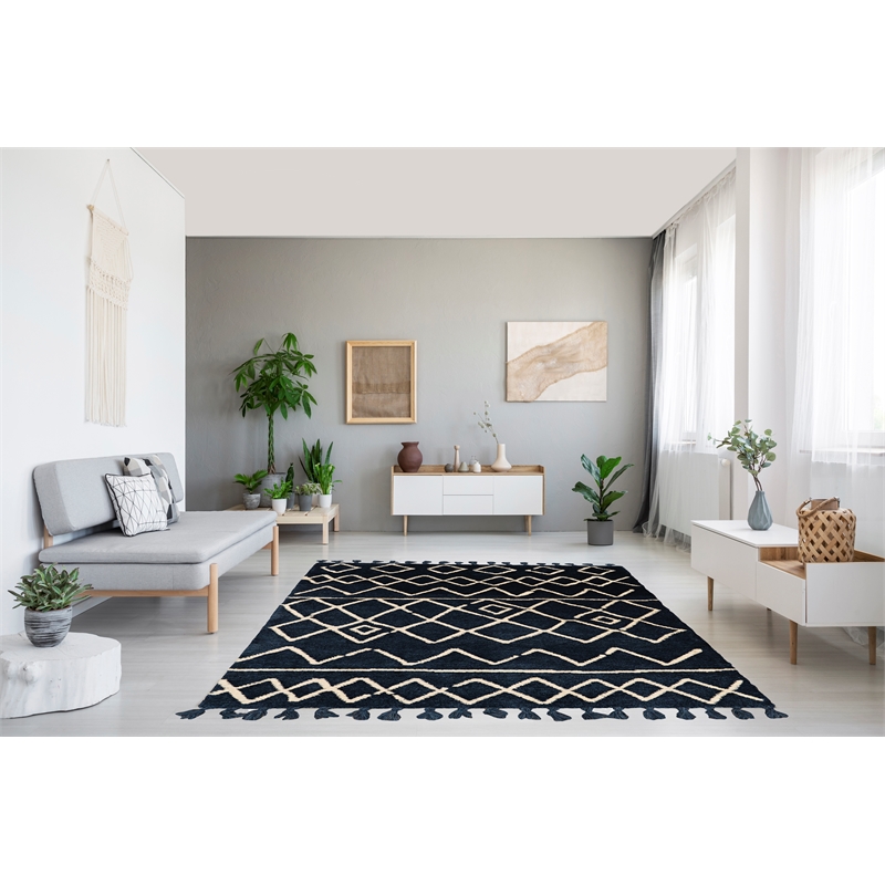 Linon Ibiza Zag Hand Tufted Microfiber Polyester 8'x10' Rug in Blue