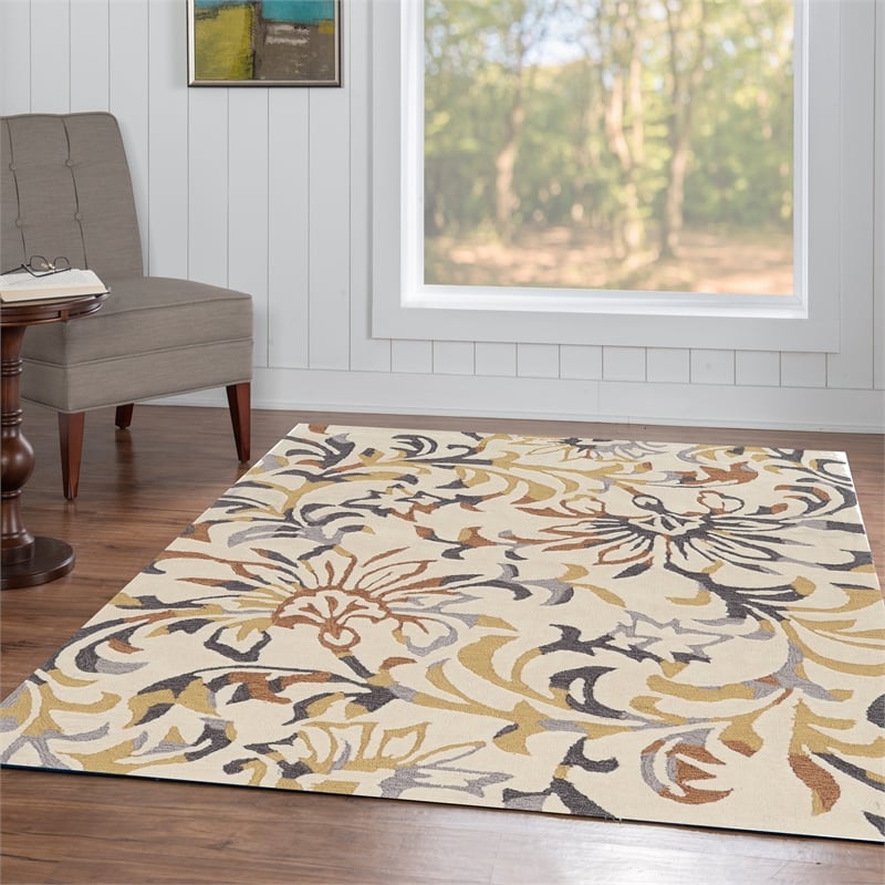 Linon Tripoli Branches Hand Tufted Polyester 5'x7' Rug in Ivory