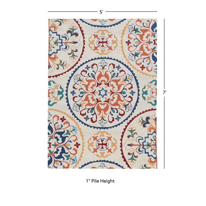 Linon Tripoli Rondels Hand Tufted Polyester 5'x7' Rug in Ivory