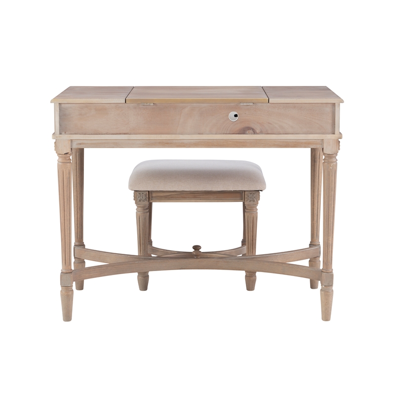 Linon Cyndi Wood Vanity & Padded Stool Set Flip Up Mirror 2 Drawers in Gray Wash