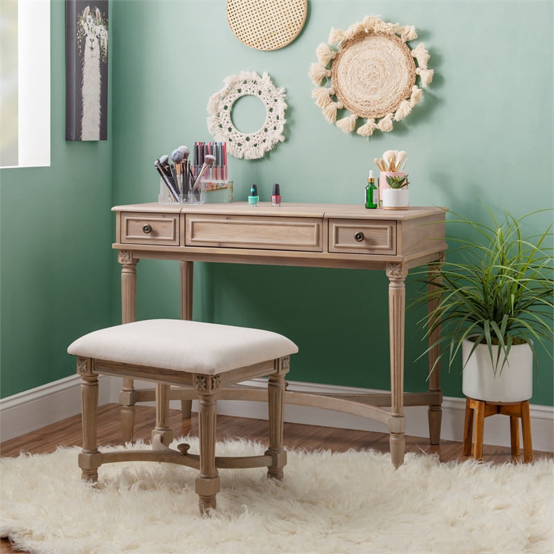 Linon Cyndi Wood Vanity & Padded Stool Set Flip Up Mirror 2 Drawers in Gray Wash