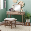 Linon Cyndi Wood Vanity & Padded Stool Set Flip Up Mirror 2 Drawers in Gray Wash