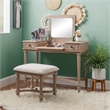 Linon Cyndi Wood Vanity & Padded Stool Set Flip Up Mirror 2 Drawers in Gray Wash