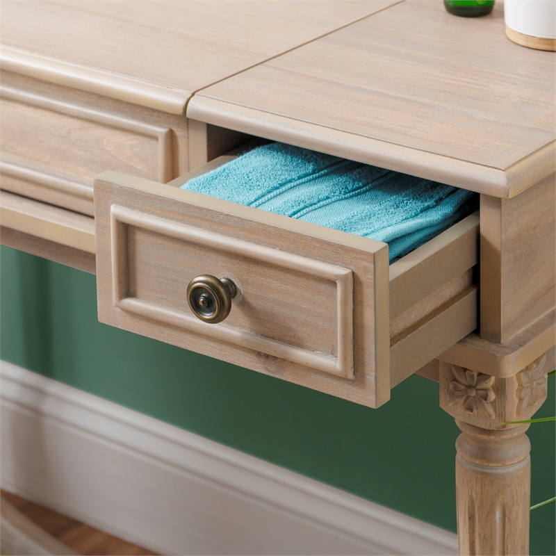 Linon Cyndi Wood Vanity & Padded Stool Set Flip Up Mirror 2 Drawers in Gray Wash