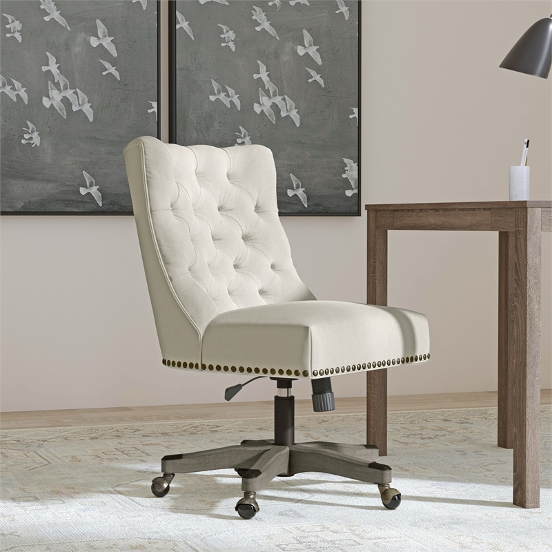 Linon Dixie Wood Upholstered Tufted Rolling Office Chair in Natural Beige