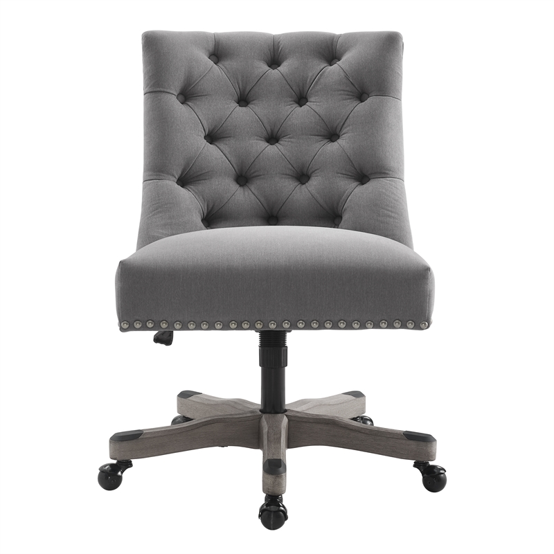 Linon Dixie Graywash Wood Base Upholstered Tufted Swivel Office Chair in Gray