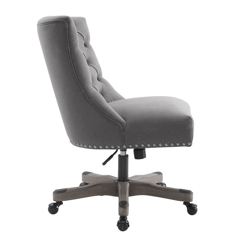 Linon Dixie Graywash Wood Base Upholstered Tufted Swivel Office Chair in Gray