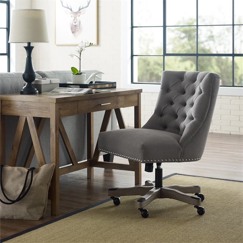 Linon Dixie Graywash Wood Base Upholstered Tufted Swivel Office Chair in Gray