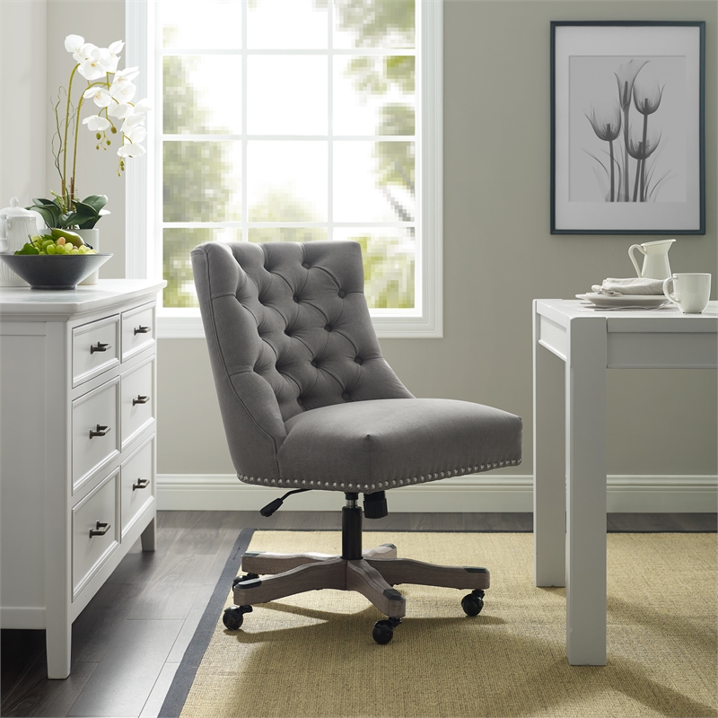 Linon Dixie Graywash Wood Base Upholstered Tufted Swivel Office Chair in Gray