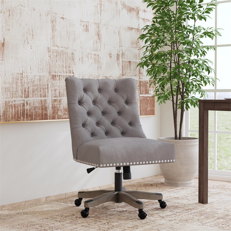 Linon Dixie Graywash Wood Base Upholstered Tufted Swivel Office Chair in Gray