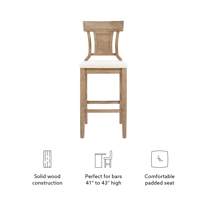 Linon Pacey Solid Wood Upholstered Bar Stool Woven Rattan Seat Back in Greywash