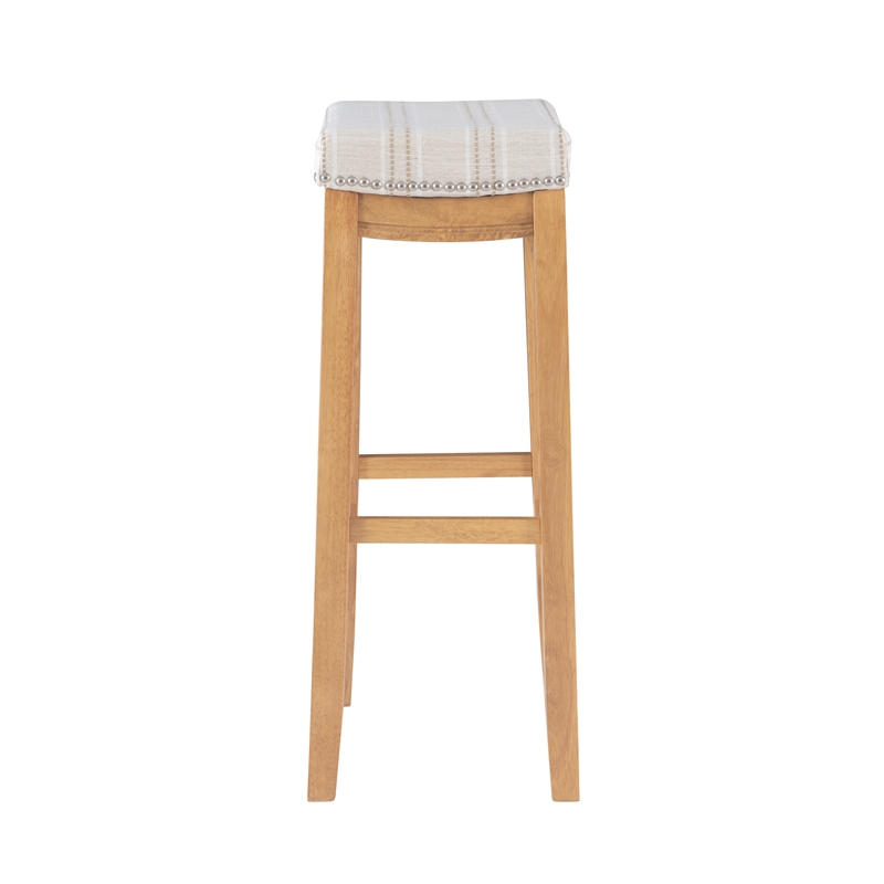 Linon Claridge Bar Stool Natural Stripe Padded Seat Wood Frame in Rustic Brown