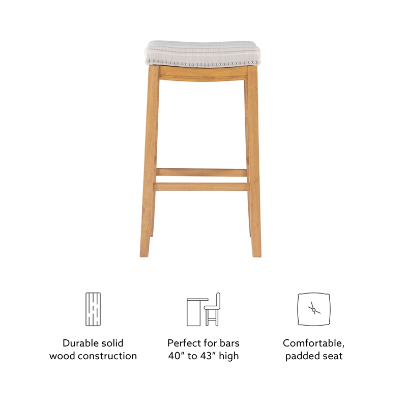 Linon Claridge Bar Stool Natural Stripe Padded Seat Wood Frame in Rustic Brown