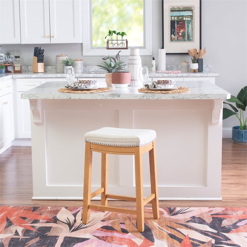 Linon Claridge Backless Counter Stool Striped Padded Seat Wood Frame in Brown