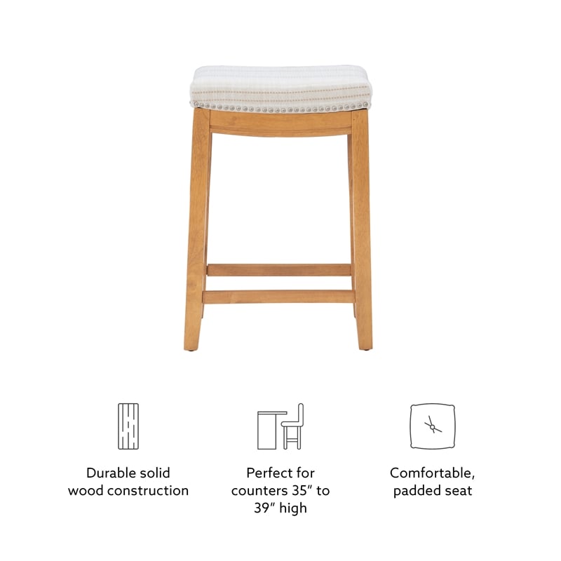 Linon Claridge Backless Counter Stool Striped Padded Seat Wood Frame in Brown