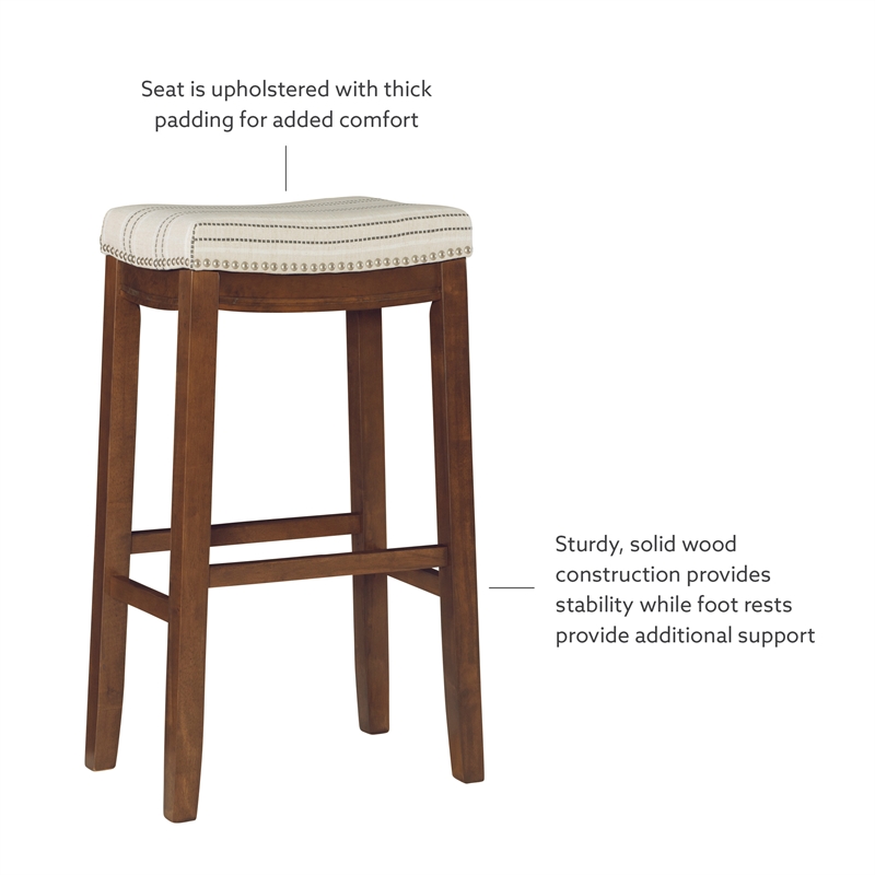 Linon Claridge Bar Stool Natural Striped Padded Seat Wood Frame in Brown Finish