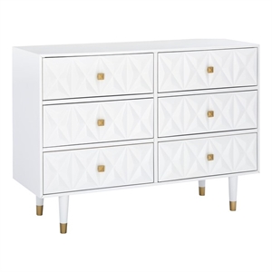 Linon Alick Wood Geo Texture 6 Drawer Dresser with Gold Hardware in Glossy White