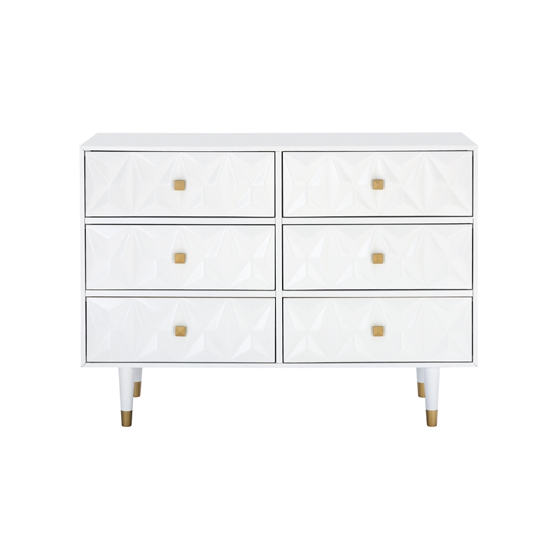 Linon Alick Wood Geo Texture 6 Drawer Dresser with Gold Hardware in Glossy White