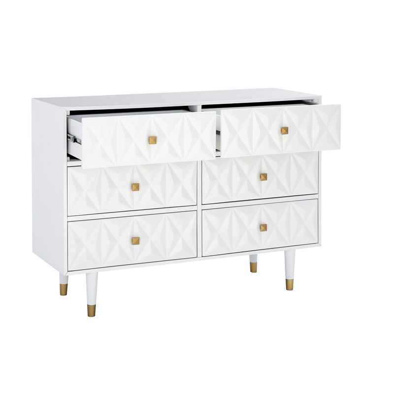Linon Alick Wood Geo Texture 6 Drawer Dresser with Gold Hardware in Glossy White