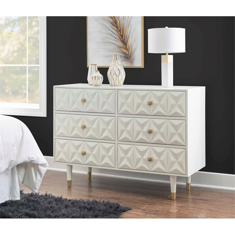 Linon Alick Wood Geo Texture 6 Drawer Dresser with Gold Hardware in Glossy White