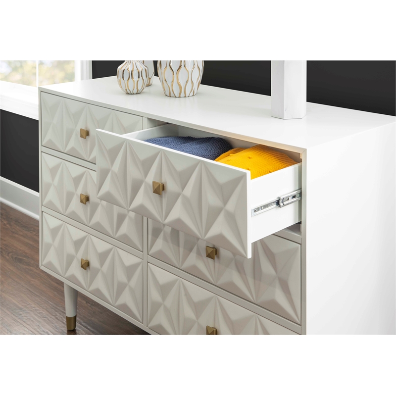 Linon Alick Wood Geo Texture 6 Drawer Dresser with Gold Hardware in Glossy White