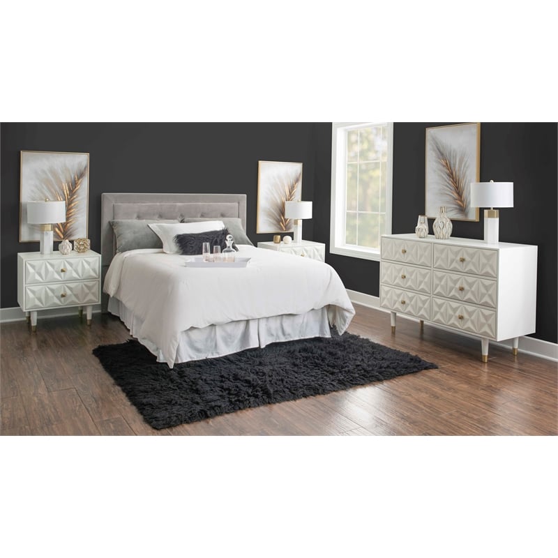 Linon Alick Wood Geo Texture 6 Drawer Dresser with Gold Hardware in Glossy White