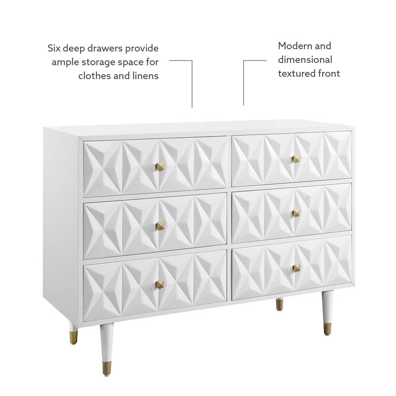 Linon Alick Wood Geo Texture 6 Drawer Dresser with Gold Hardware in Glossy White