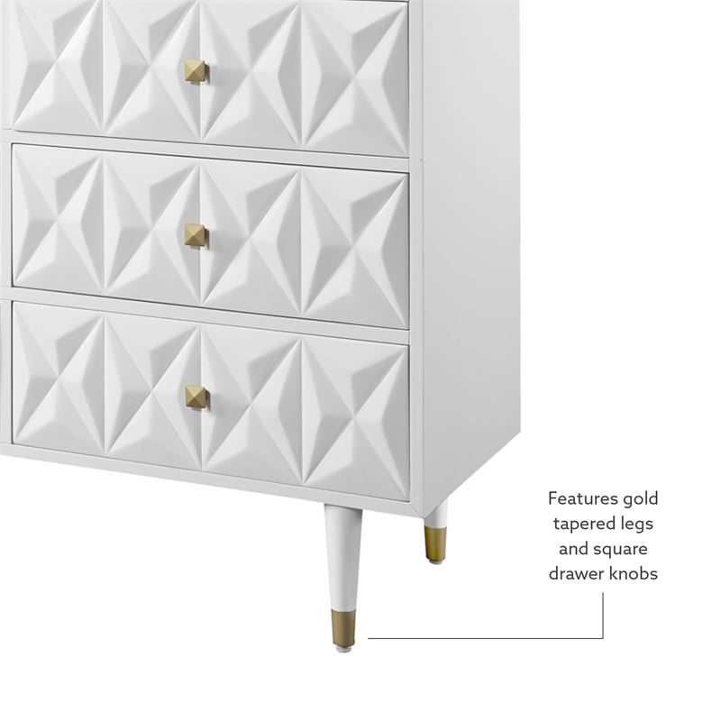 Linon Alick Wood Geo Texture 6 Drawer Dresser with Gold Hardware in Glossy White