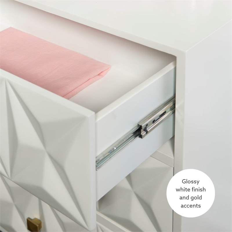 Linon Alick Wood Geo Texture 6 Drawer Dresser with Gold Hardware in Glossy White