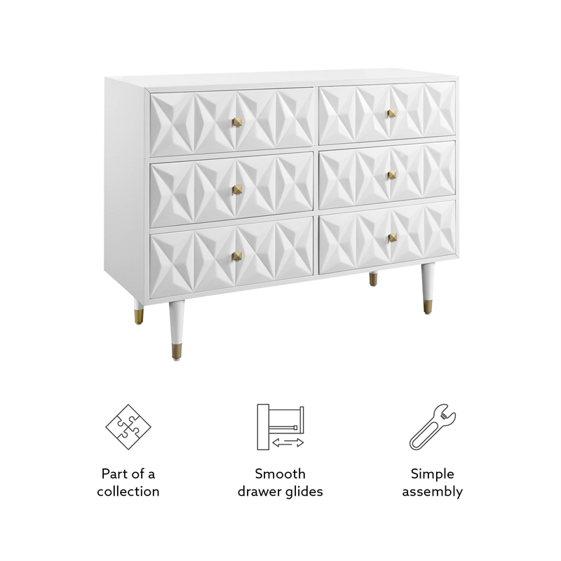 Linon Alick Wood Geo Texture 6 Drawer Dresser with Gold Hardware in Glossy White