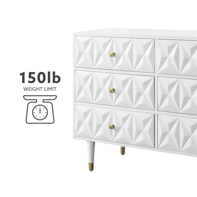Linon Alick Wood Geo Texture 6 Drawer Dresser with Gold Hardware in Glossy White
